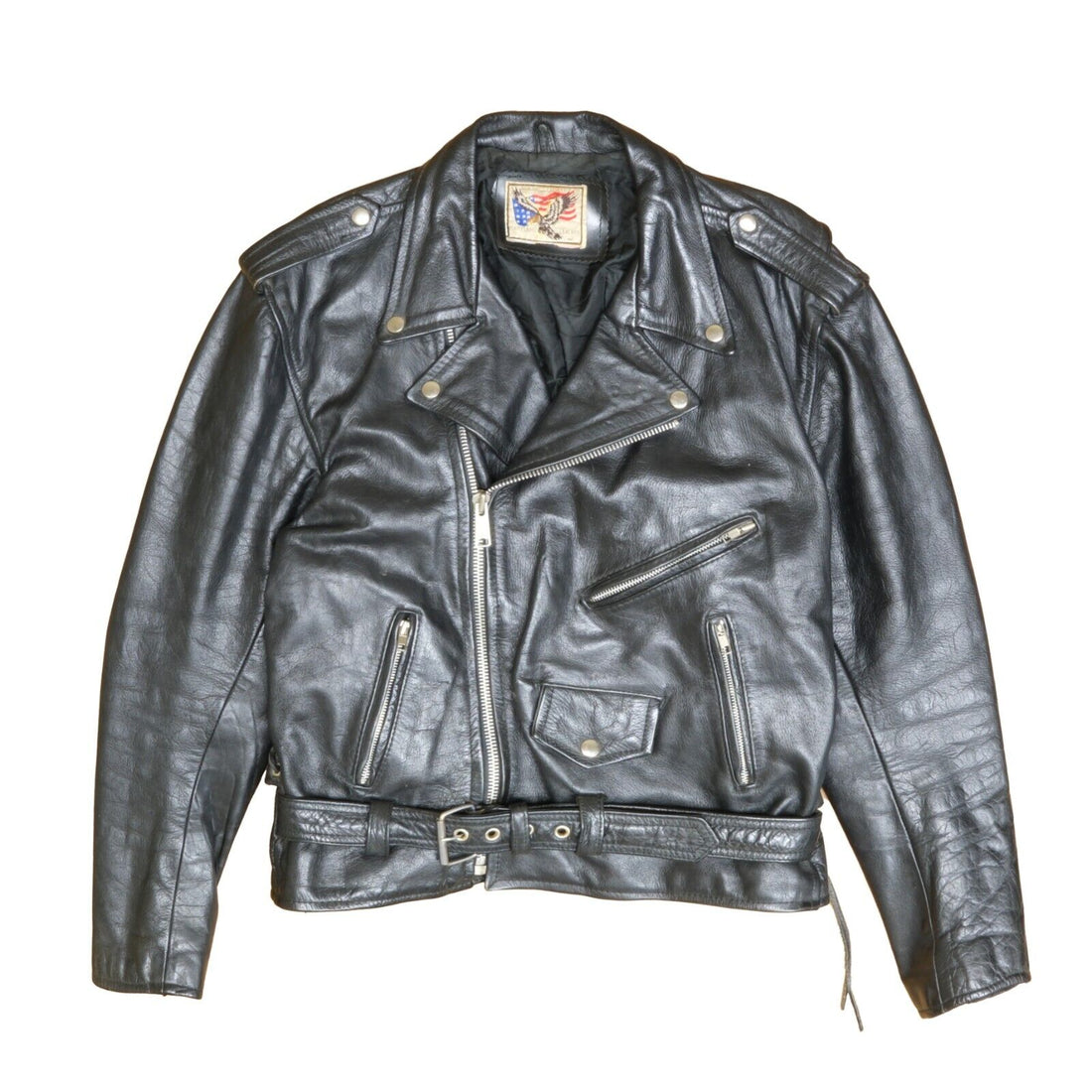 Vintage Maryland Motorcycle Leather Belted Jacket Size Medium Black