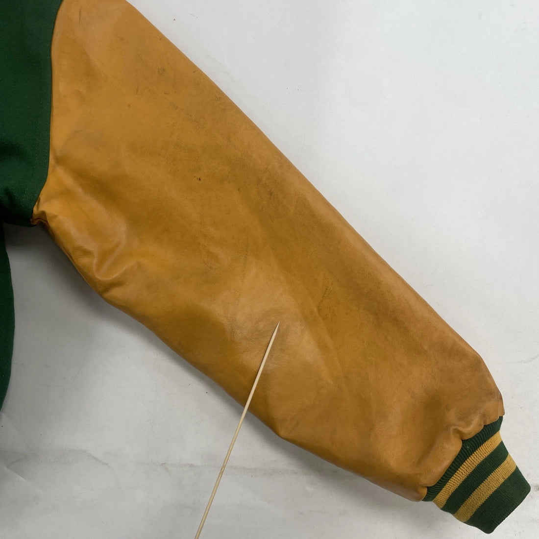 Vintage Holloway Leather Wool Varsity Jacket Size Large Green Yellow