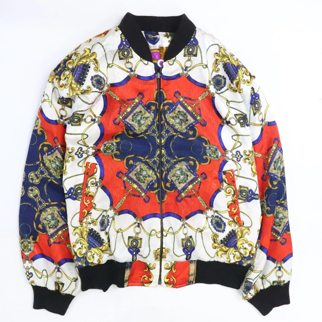 Vintage Baroque Equestrian Bomber Jacket Size XL Reversible All Over Print