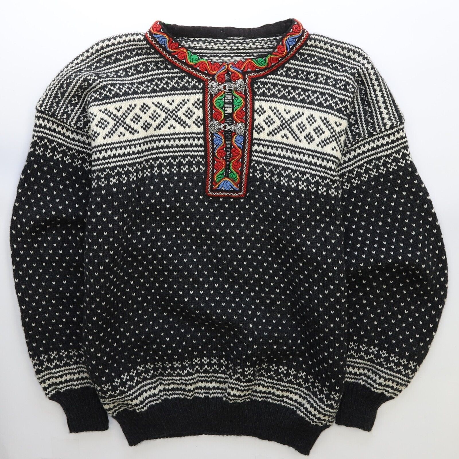 VTG Dale Of Norway Knit Wool Sweater Large Black Nordic Fair isle Embroidered top