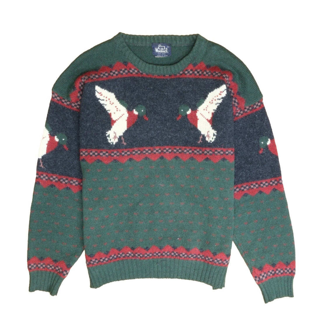 Vintage Woolrich Mallard Duck Wool Knit Sweater Size XL Green Red