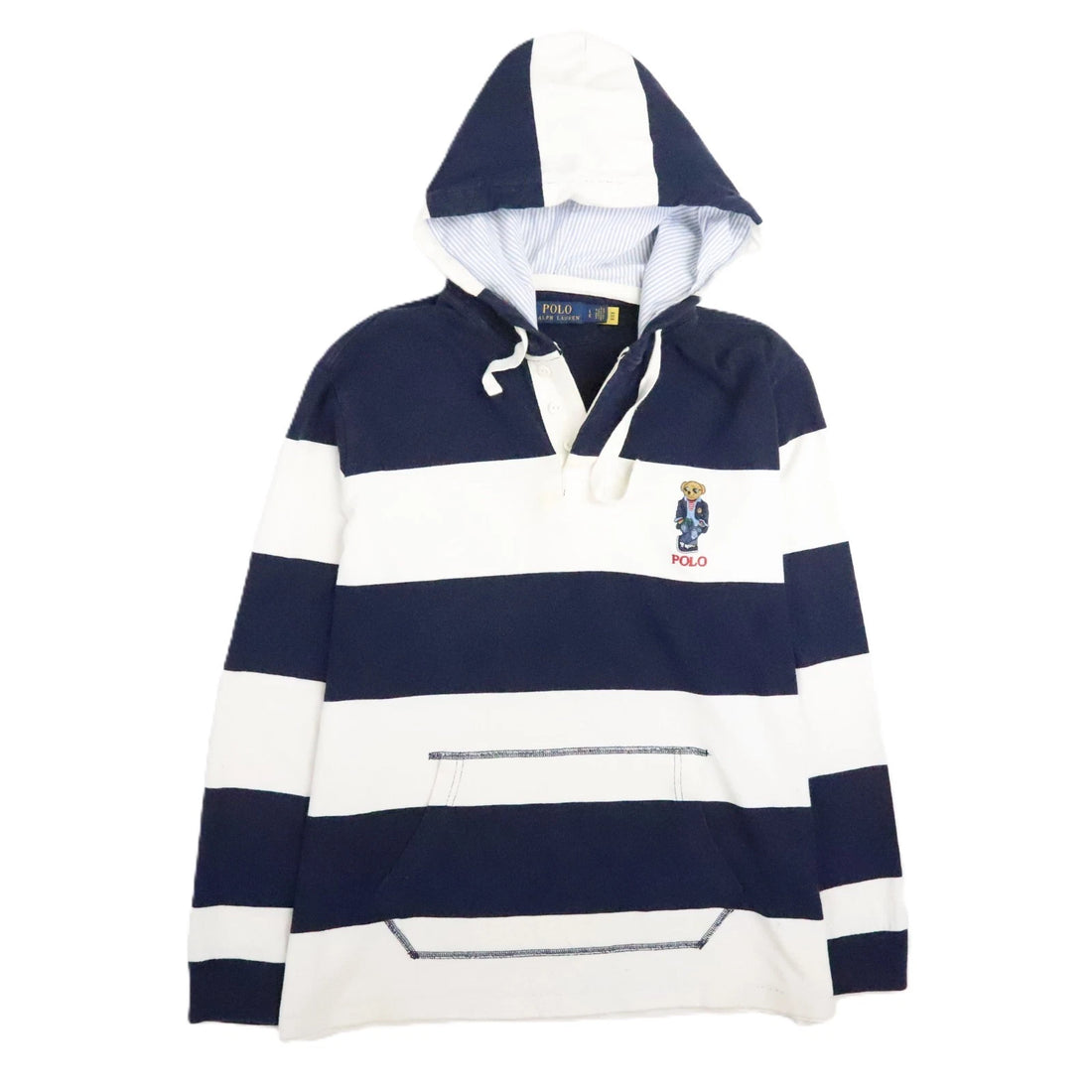 Polo Ralph Lauren Bear Hooded Rugby Henley Shirt Size Large Striped