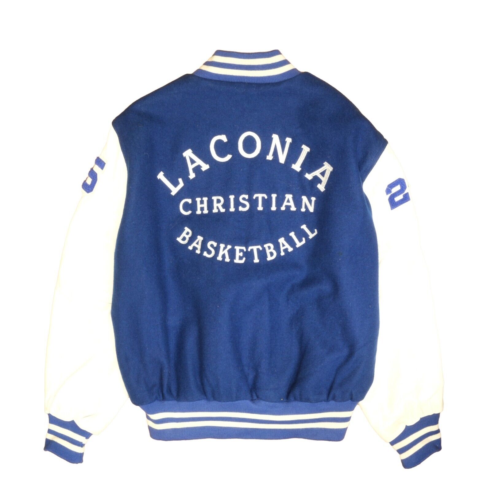 Vintage Laconia Christian Basketball Leather Wool Varsity Jacket Size XL  Blue