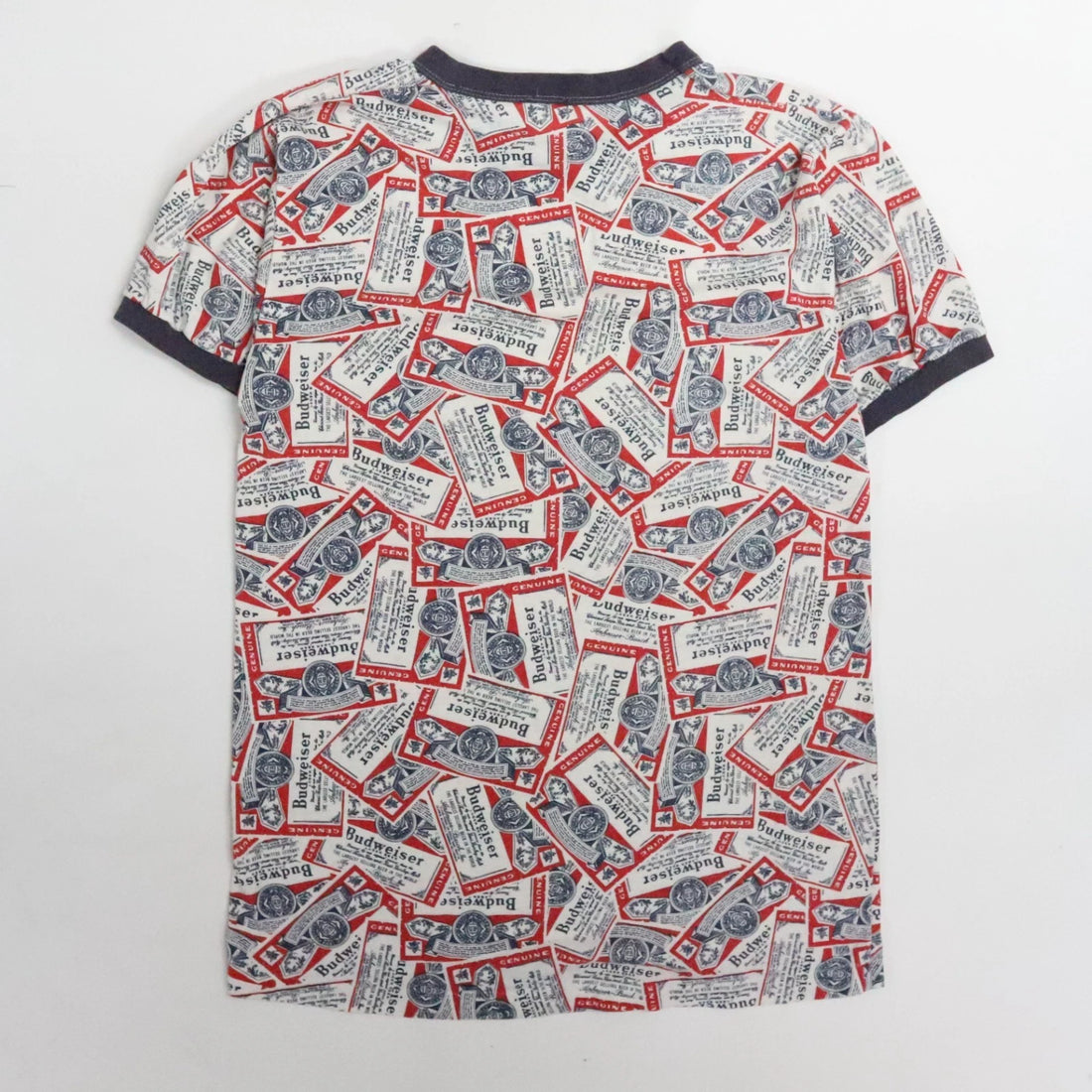 Vintage Budweiser Ringer T-Shirt Size Large All Over Print Beer Promo
