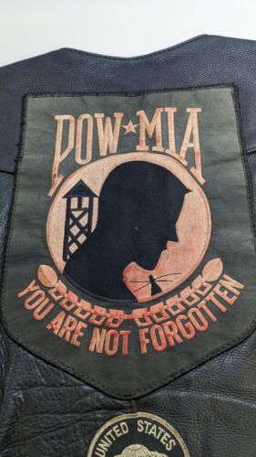 Vintage Antelope Creek POW MIA Motorcycle Leather Vest Jacket Medium Patch Pin