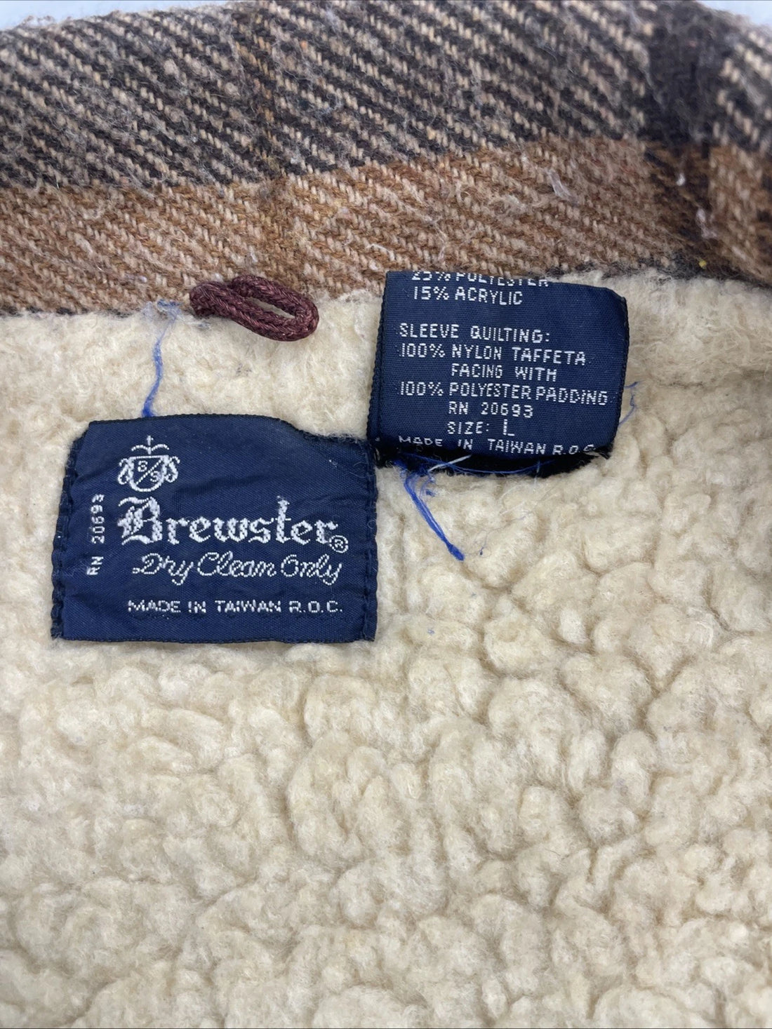 Vintage Brewster Wool Coat Jacket Size Large Sherpa Lined Brown Plaid