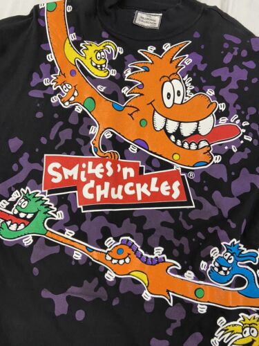 Vintage Smiles N Chuckles T-Shirt XL Black All Over Print Cartoon Promo 90s
