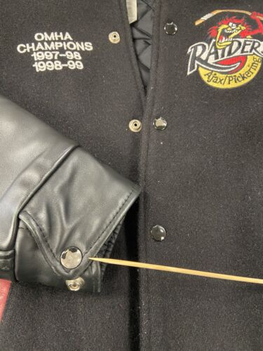Vintage Ajax Raiders OMHA Champions Leather Wool Varsity Jacket Size 38 1997 90s
