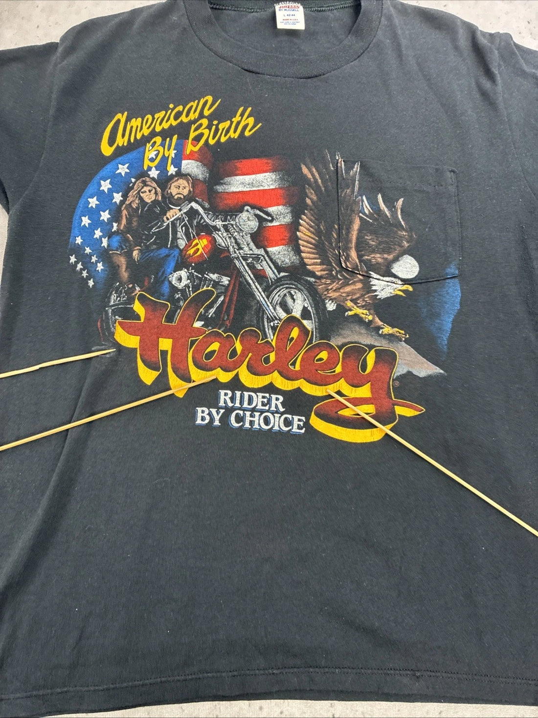 American By Birth Harley Rider By Choice Pocket T-Shirt Size Large Vintage 80s