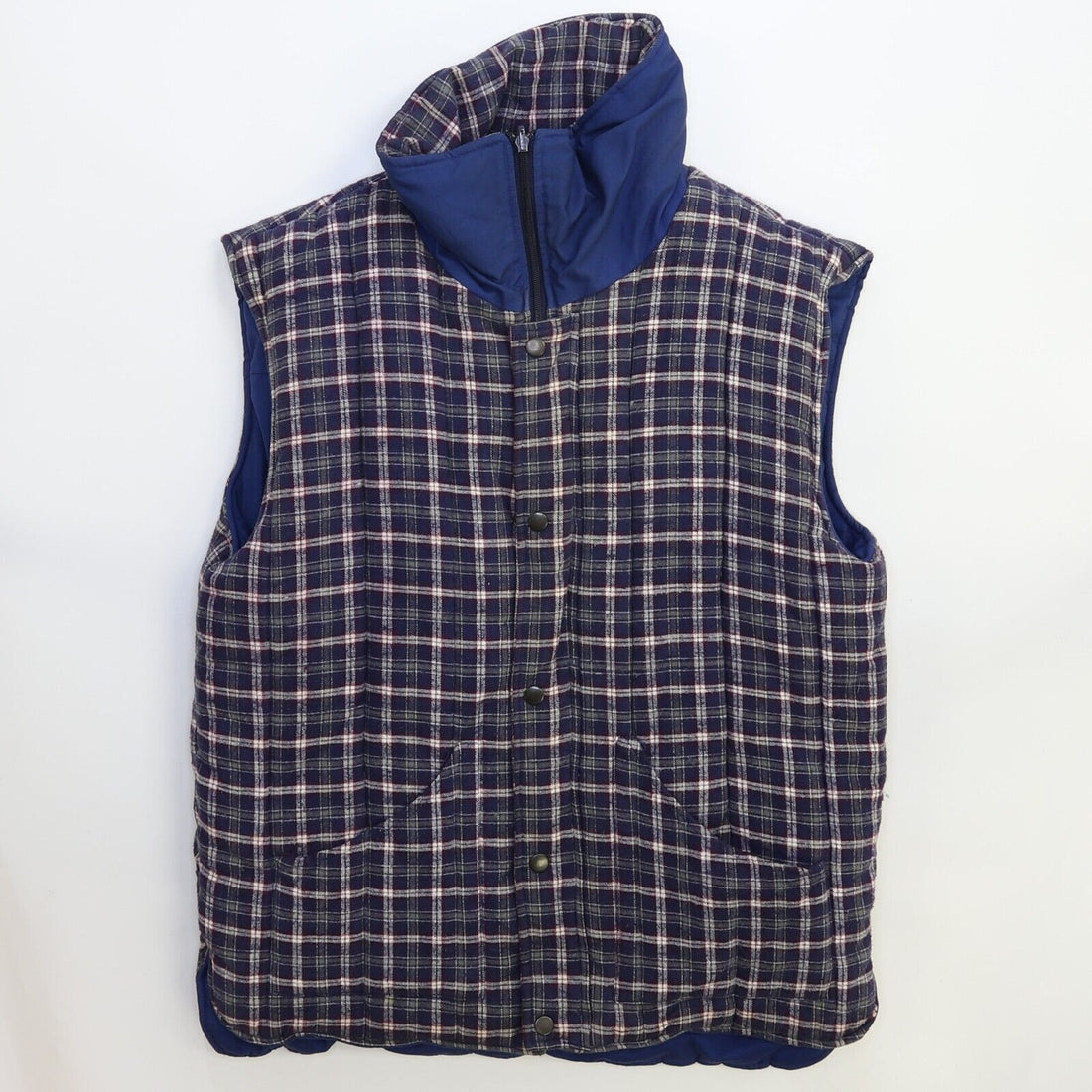 Vintage Firenze Puffer Vest Jacket Medium Plaid Blue Reversible Down Insulated