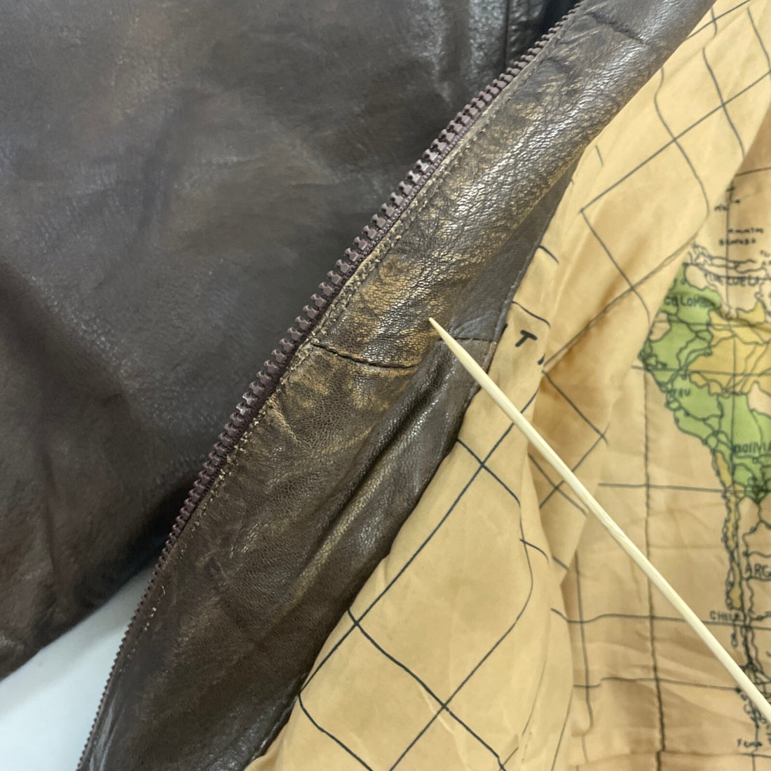 Vintage Map Lined Leather Bomber Jacket Size Large Brown