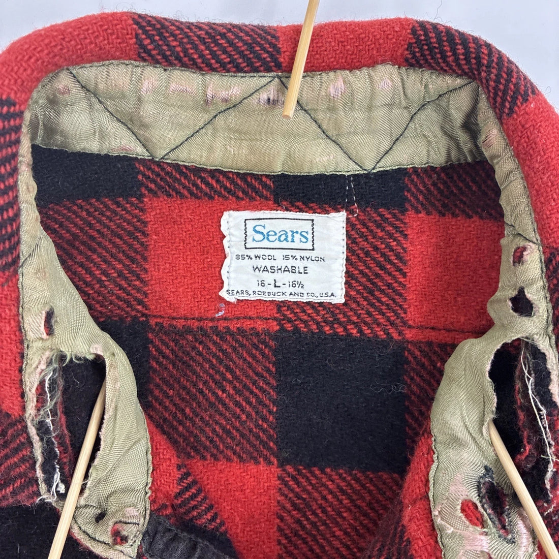 Sears Wool Red Buffalo Plaid Button Up Shirt Size Large