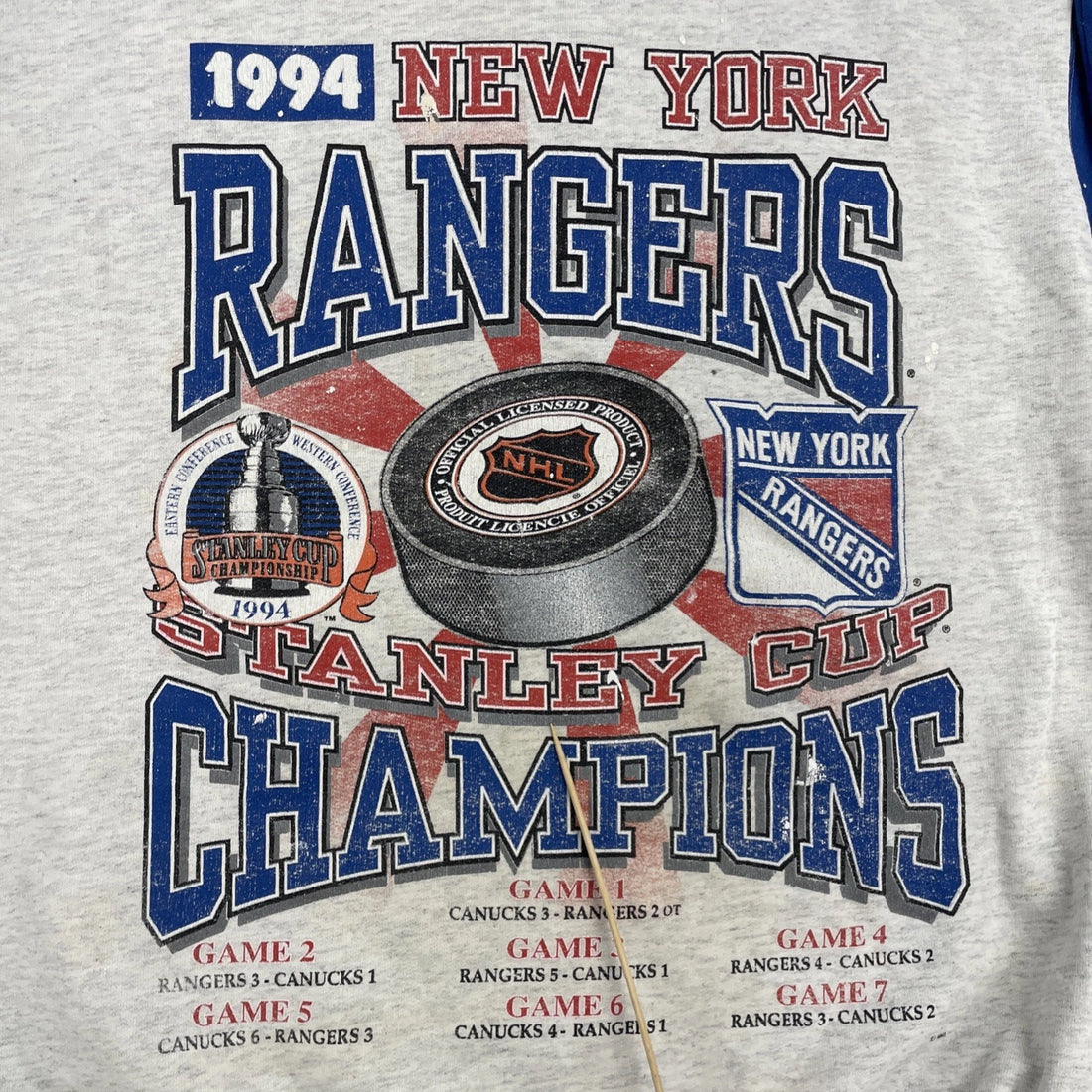 Vintage New York Rangers Stanley Cup Champs Sweatshirt XL Paint Splatter 90s NHL
