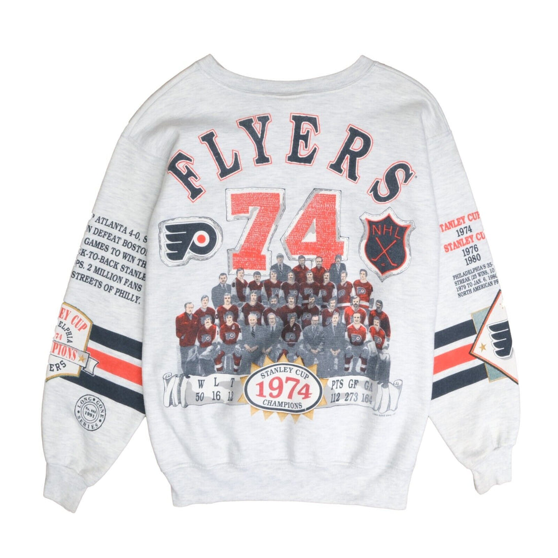 Vintage Philadelphia Flyers 1974 Roster Sweatshirt Size Large Gray 1991 90s