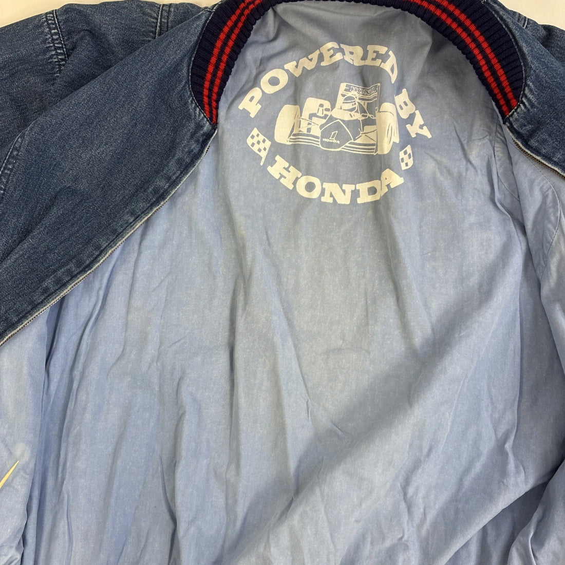 Vintage F1 Racing Powered By Honda Denim Bomber Jacket Size 52