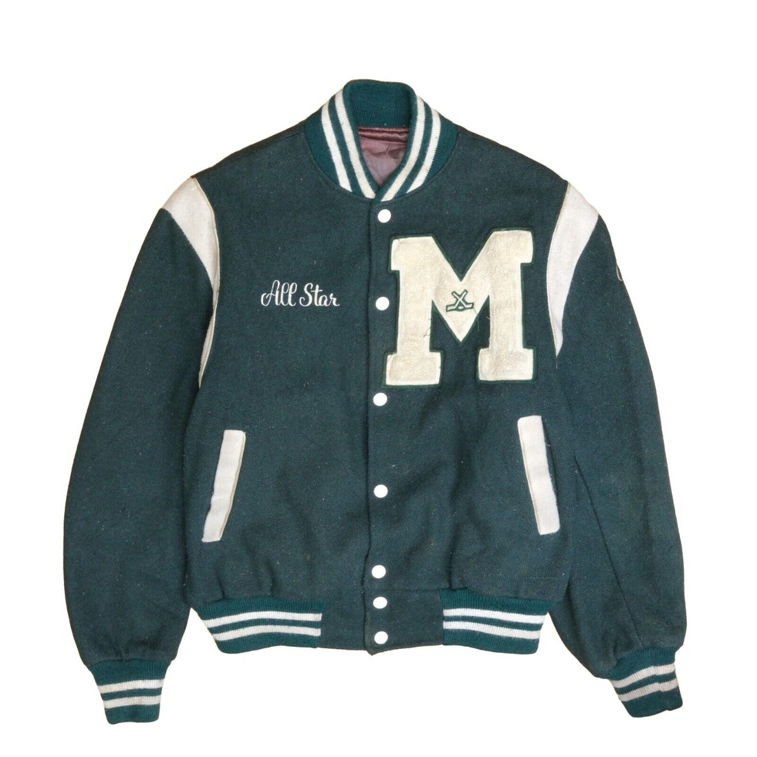 Vintage All Star Wool Letterman Varsity Bomber Jacket Size Medium Green