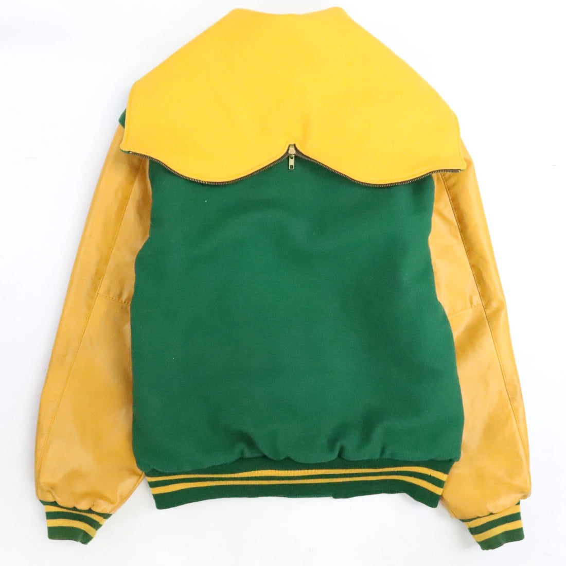 Vintage Holloway Leather Wool Varsity Jacket Size Large Green Yellow