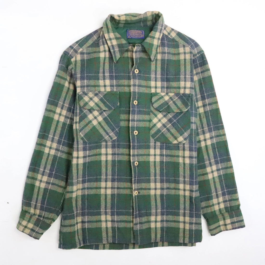 Vintage Pendleton Wool Board Button Up Shirt Size Medium Green Plaid