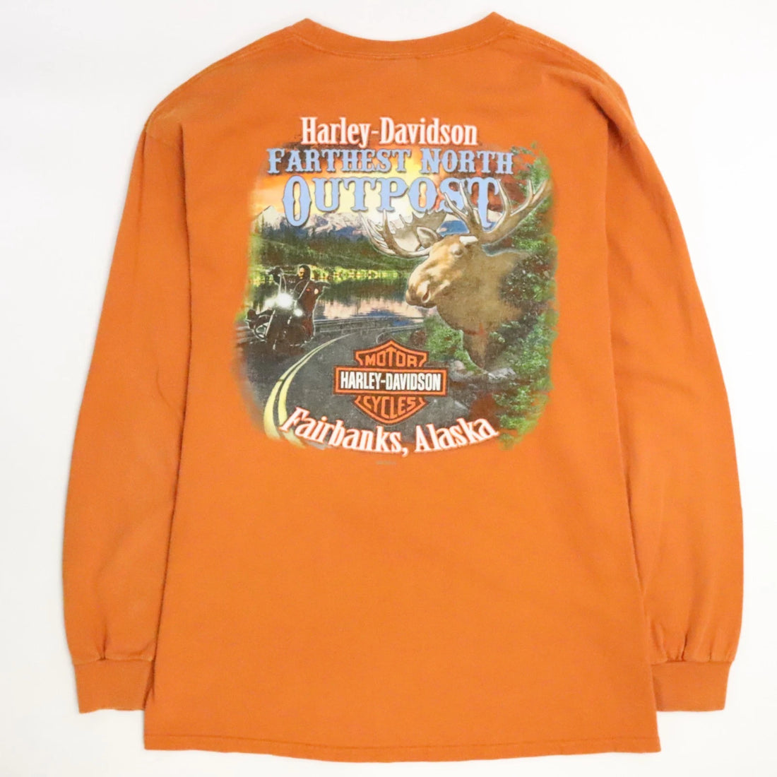 Harley Davidson Alaska Moose Long Sleeve T-Shirt Size Large Orange