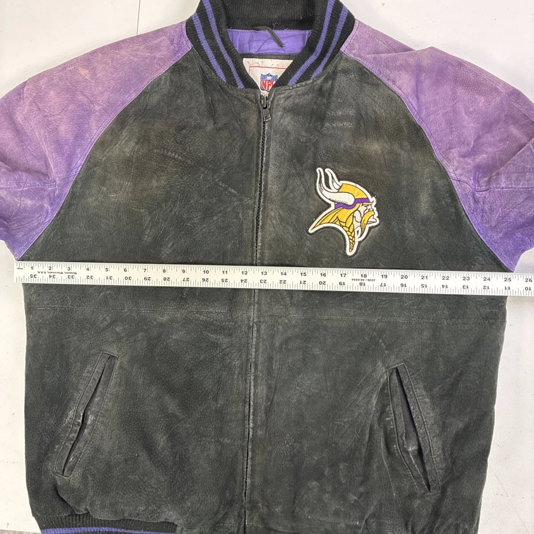 Minnesota Vikings Leather Suede Varsity Bomber Jacket Size Large NFL
