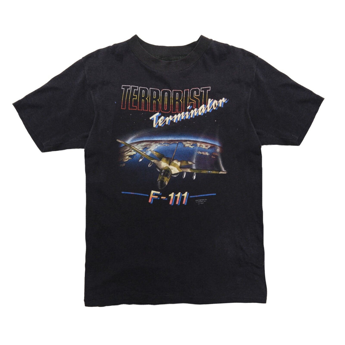 Vintage Terrorist Terminator F-111 3D Emblem T-Shirt Small Just Brass 1987 80s