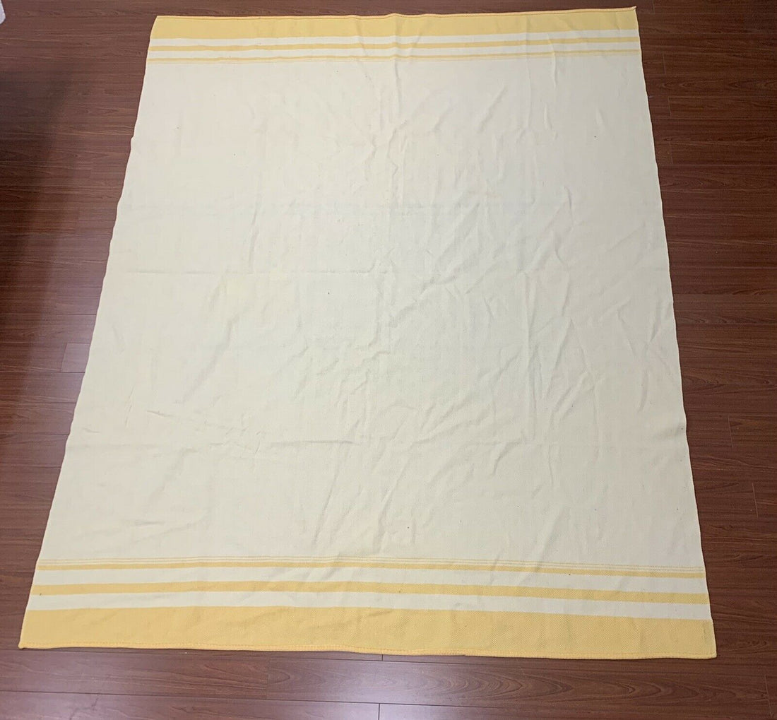 Vintage Strathmore Wool Blanket 88" x 68.5" Beige & Yellow Striped