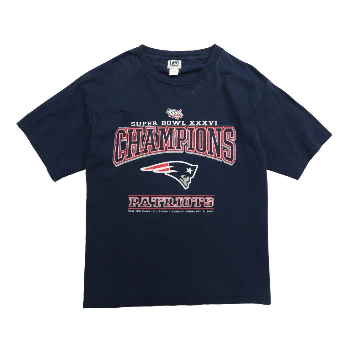 Vintage New England Patriots Superbowl XXXVI Lee T-Shirt Size Large Blue NFL Y2K