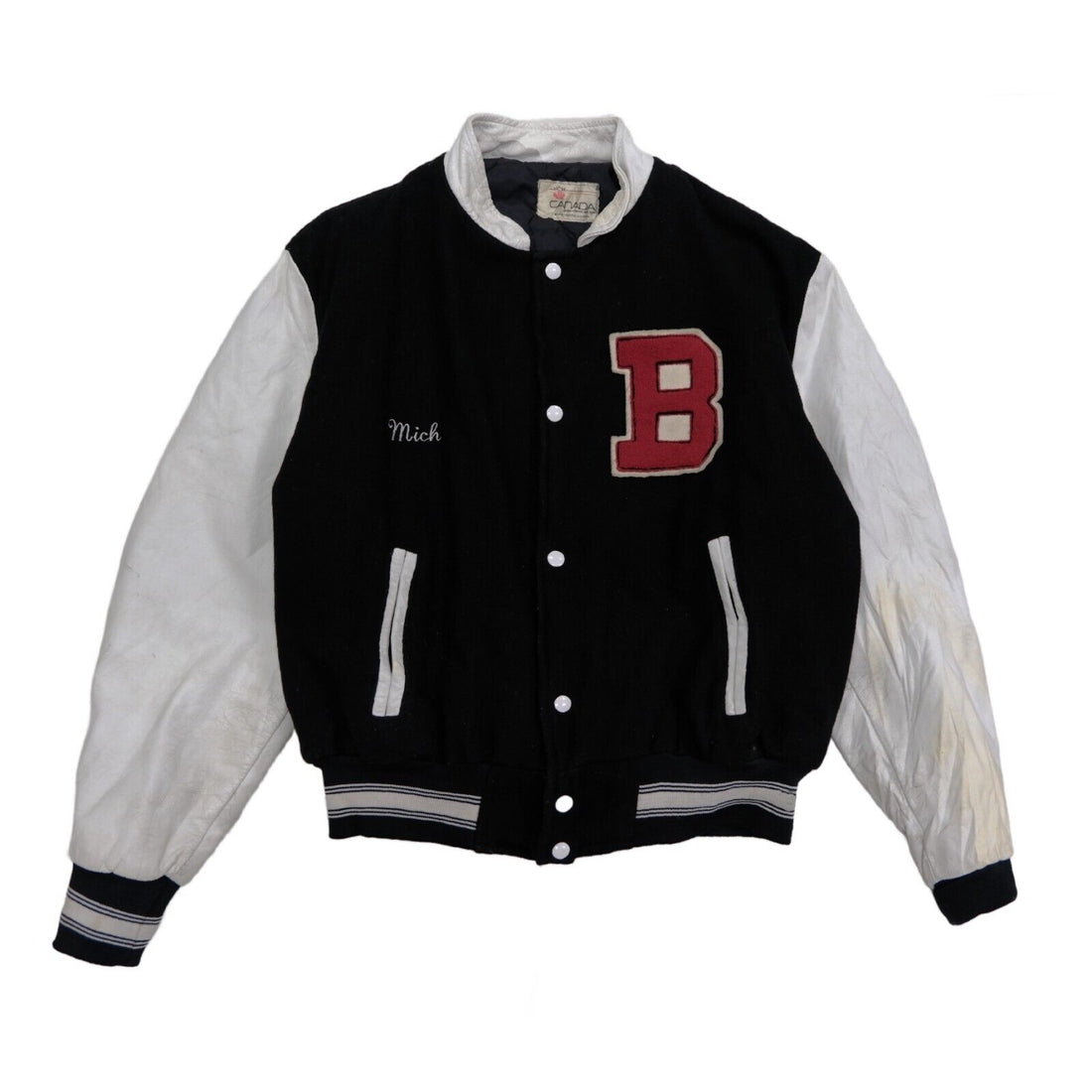 Vintage Bayview Leather Wool Varsity Bomber Jacket Size Large Black Letterman