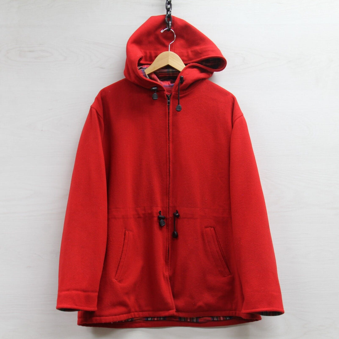 Vintage Johnson Woolen Mills Wool Coat Jacket Sz Large Red Made USA Plaid Lined