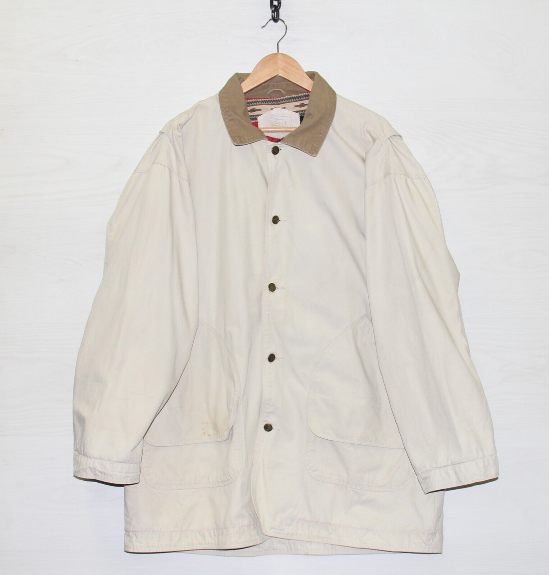 Vintage Woolrich Barn Work Coat Jacket Size XL Beige Aztec Lined