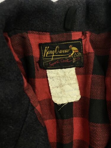 Vintage King O Wear Wool Pea Coat Size Medium Black Red Plaid Lined