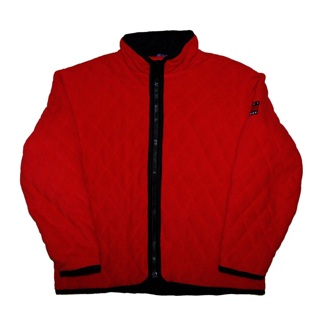 Vintage Tommy Hilfiger Flag Patch Quilted Fleece Jacket Size Large Red