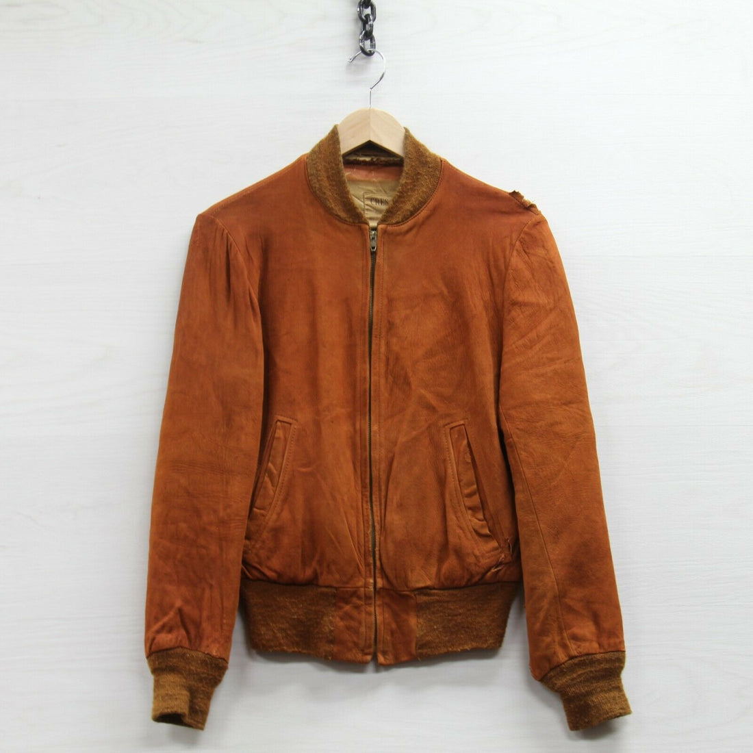 Vintage Cresco Leather Suede Bomber Jacket Size Small Orange Conmatic Zipper
