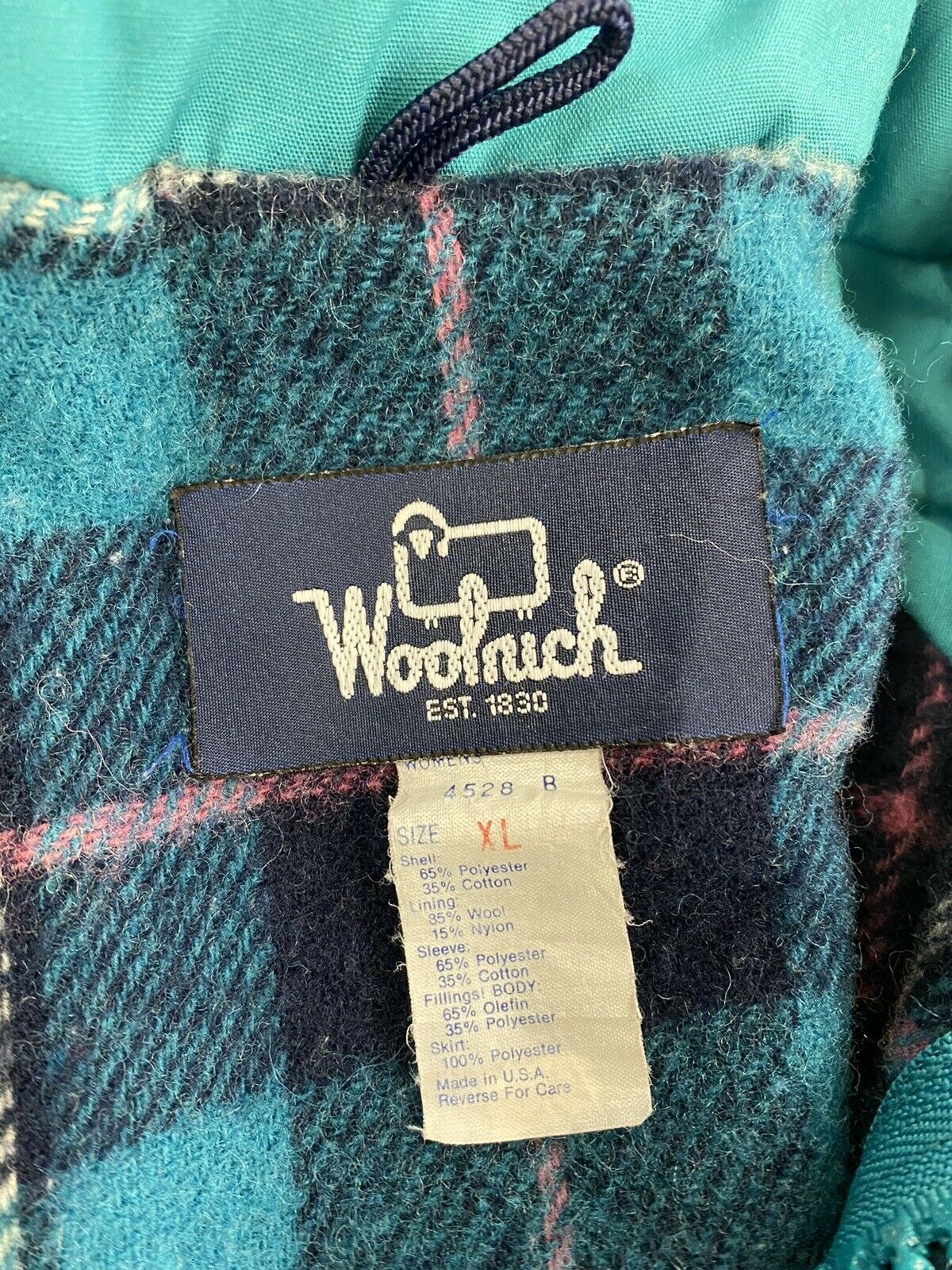 Vintage Woolrich Parka Jacket Size XL Green Teal Wool Plaid Lined