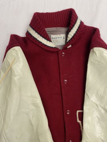 Vintage Sand-Knit Leather Wool Letterman Varsity Jacket Size 38 Red 1972 70s