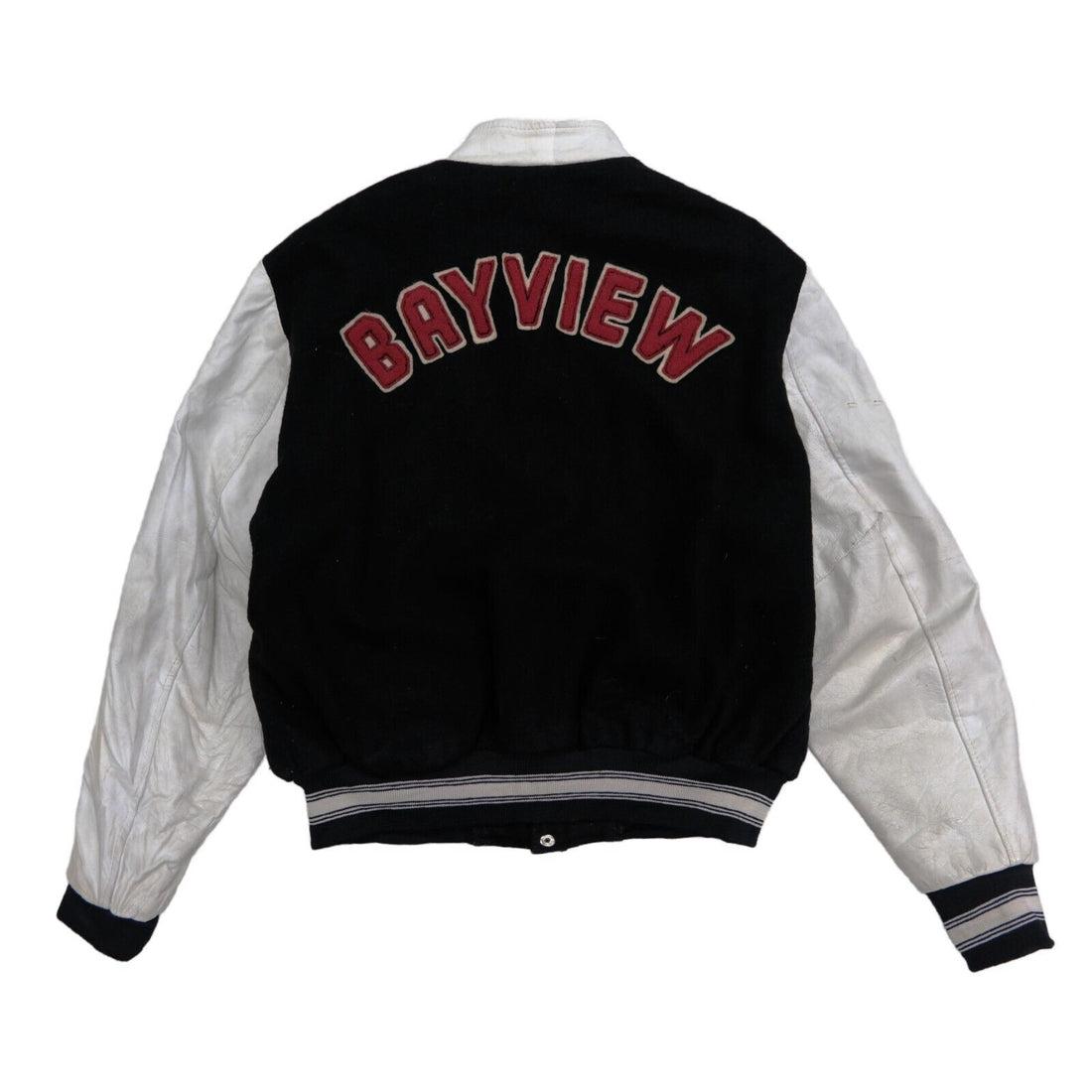 Vintage Bayview Leather Wool Varsity Bomber Jacket Size Large Black Letterman