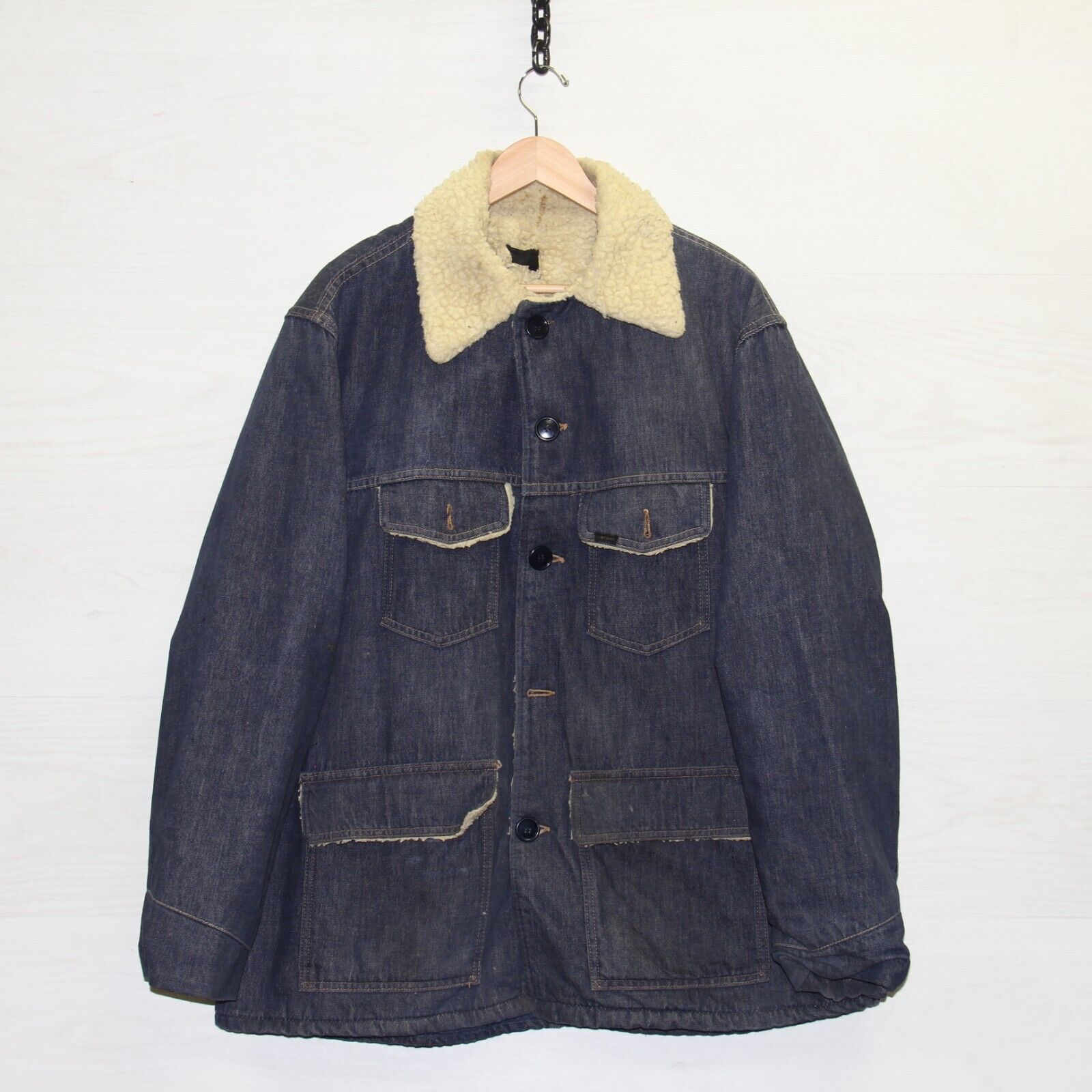 Vintage Sears Roebuck Denim Chore Coat Jacket Sz 50 XL Indigo Blue Sherpa  Lined