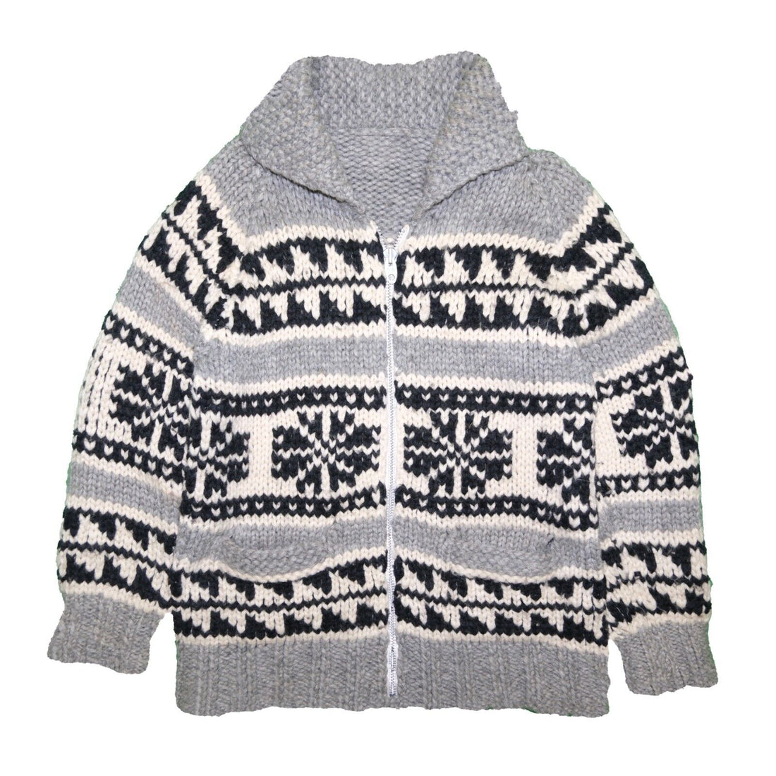 Vintage Snowflake Wool Knit Cowichan Cardigan Sweater Size Large Talon Zip