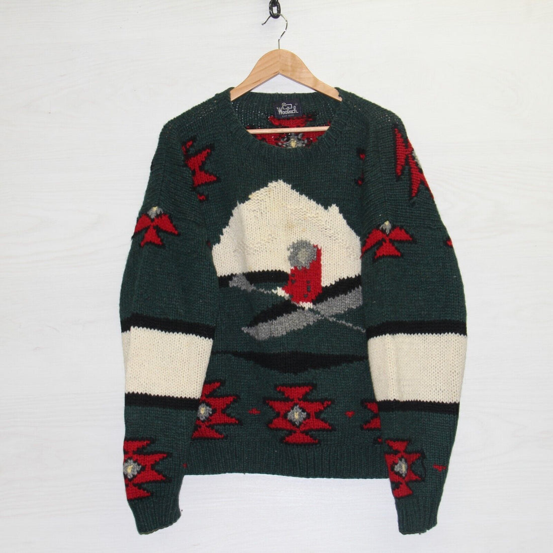 Vintage Woolrich Wool Knit Crewneck Sweater Size XL Canoe Aztec Green
