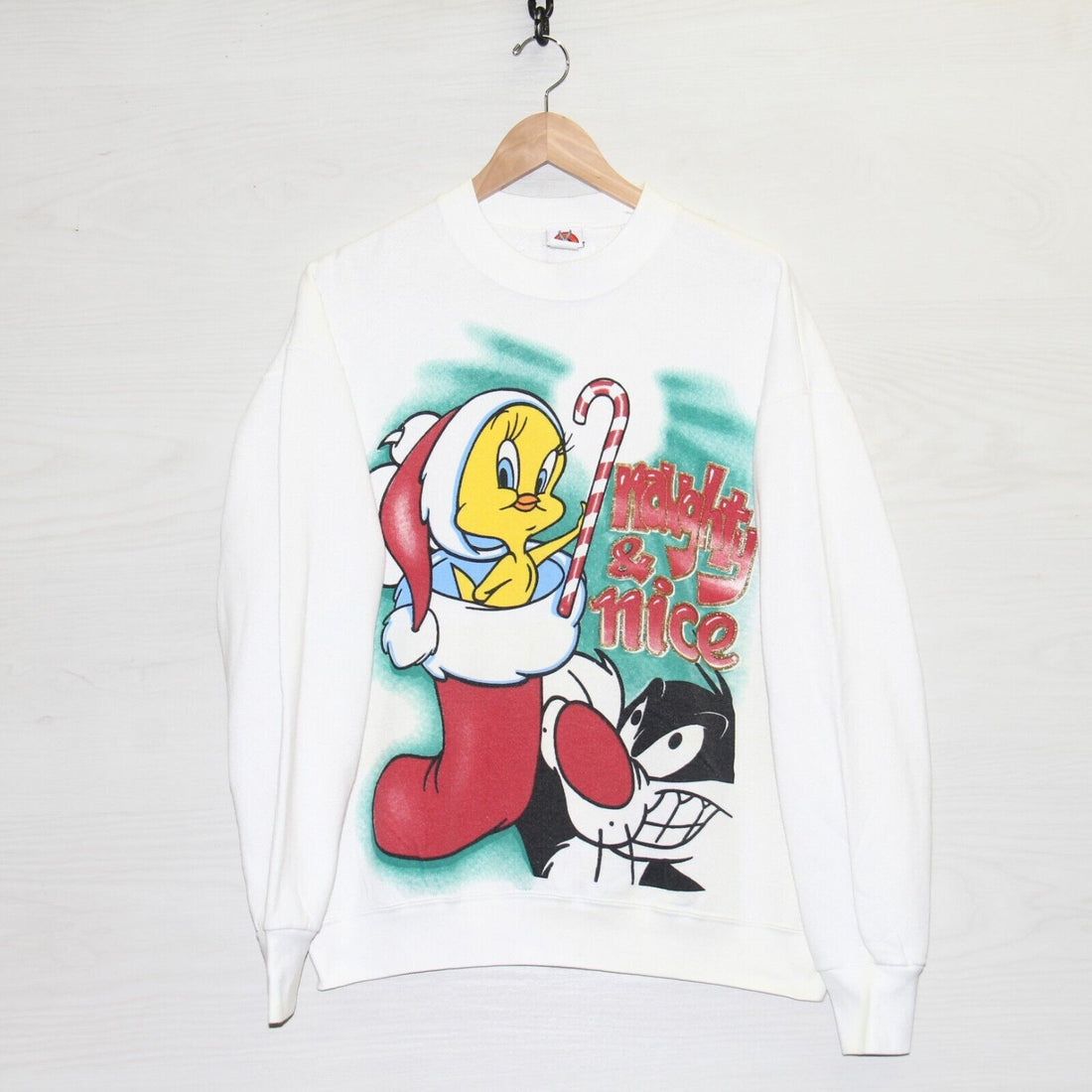 Vintage Tweety Sylvester Naughty Nice Christmas Sweatshirt Crew XL Looney Tunes