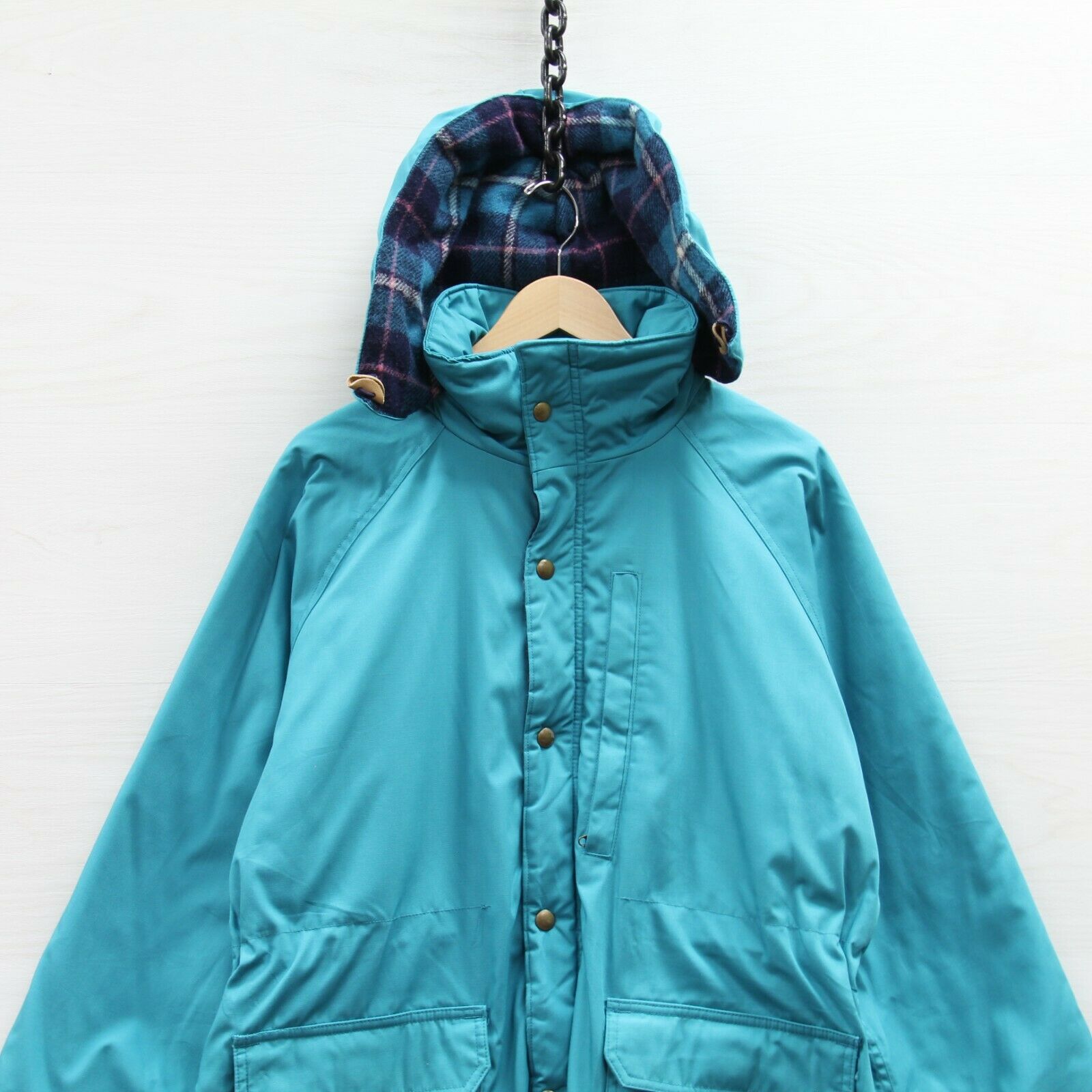 Vintage Woolrich Parka Jacket Size XL Green Teal Wool Plaid Lined