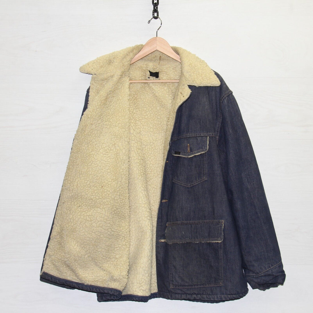 Vintage Sears Roebuck Denim Chore Coat Jacket Sz 50 XL Indigo Blue Sherpa Lined