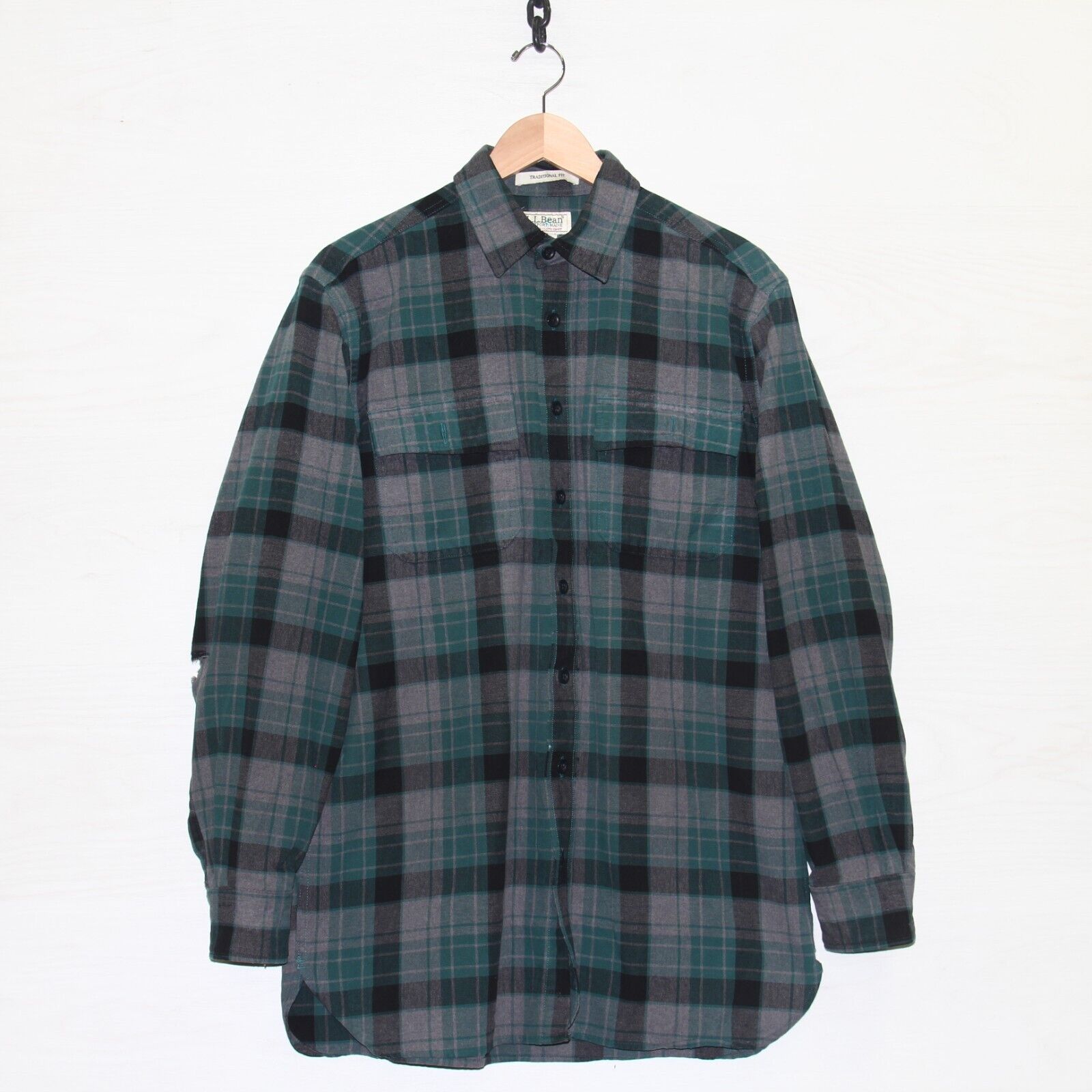 Vintage LL Bean Chamois Cloth Shirt Size Medium Tall Green Tartan Plaid